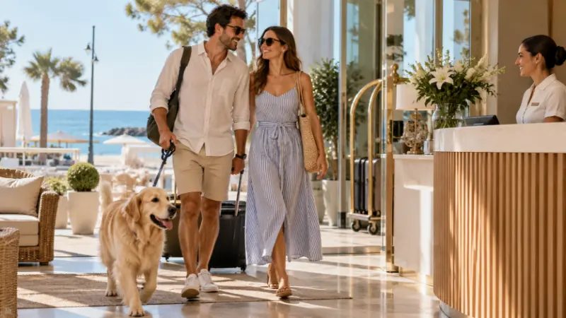 Coppia con cane alla reception di un albergo